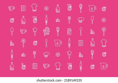 Iconos de confitería vectorial. Juego de herramientas para hornear - bolsa para picar, bizcocho para decorar el pastel, alfiler para rodar, gorra para el chef, mantillo para el horno, cuchara, taza para medir, tazón, pastelitos, muffins, tarta. Ilustración de pastelería vectorial.