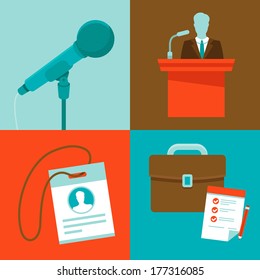 Vector conference concepts in flat style - set of icons - microphone, speaker, badge and briefcase