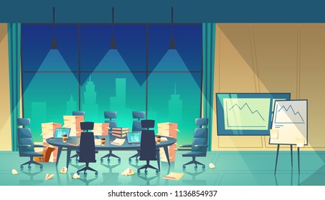Vector conference hall for business seminar, end of workday, piles documents on table, graphs and diagrams. Empty room for shareholders in skyscraper, meeting is over. Teamwork space in cartoon