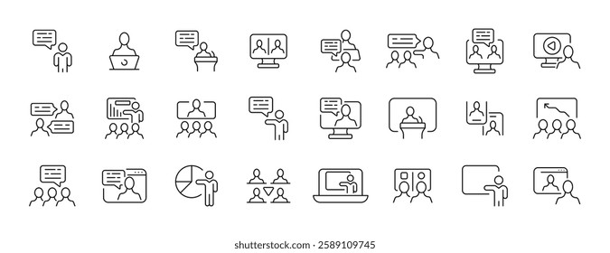 Vector conference icon set: online communication and virtual meetings.