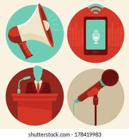 Vector conference icons in flat style - megaphone and microphone, public speaker and mobile phone recording sound