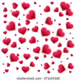 Vector confetti falling from pink blurred  hearts on the white background. Love concept card background for Valentine's day