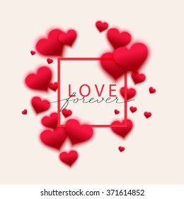 Vector confetti falling from red blurred  hearts. Love concept card background for Valentines day