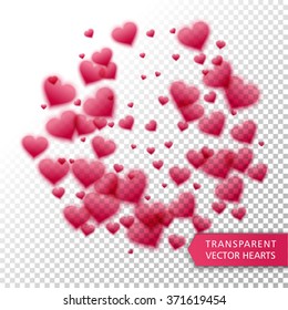 Vector confetti falling from red hearts on the transparent background. Love concept card background for Valentine's day