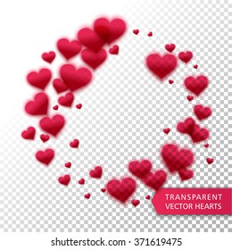 Vector confetti falling from red hearts on the transparent background. Love concept card background for Valentine's day