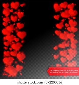 Vector confetti falling from red hearts on the transparent background. Love concept card background for Valentine's day