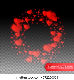 Vector confetti falling from red hearts on the transparent background. Love concept card background for Valentine's day