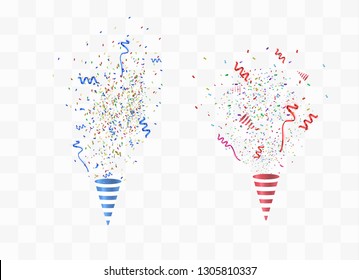 Vector confetti. Festive illustration. Party popper isolated on white background. Colorful confetti on a beautiful background. Celebration and party.