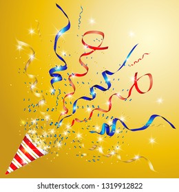 Vector confetti. Festive illustration. Party popper isolated on gold background