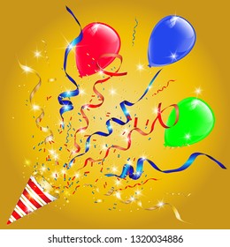 Vector confetti. Festive illustration. Party popper isolated on gold background