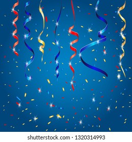 Vector confetti. Festive illustration. Party popper isolated on blue background