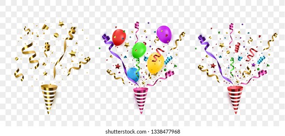 Vector confetti. Festive illustration. Party popper isolated on white background. 