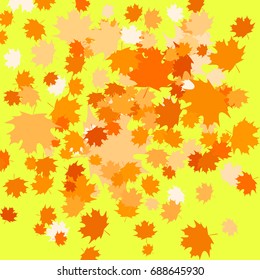 Vector confetti of gold shades falling maple leafs. Exotic print. For advertising booklets about the sale, covers, posters, invitation card, textile, books, leaflets design. Summer and autumn theme.
