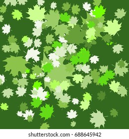 Vector confetti of green shades falling maple leafs. Exotic print. For advertising booklets about the sale, covers, posters, invitation card, textile, books, leaflets design. Summer and autumn theme.
