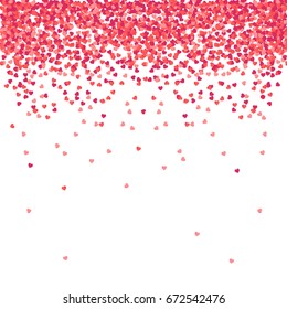 Vector confetti heart splash. Valentines Day background congratulation card. Heart shape pink and red confetti vector frame isolated on white background.