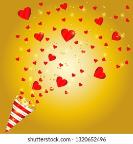 Vector confetti hearts. Festive illustration. Party popper isolated on gold background