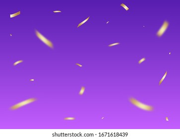 Vector Confetti Overlays. Gold Confetti Purple Party Celebration Background With Ribbons And Particles.