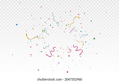 Vector confetti png. Explosion of multi-colored confetti, clapperboard. Confetti, streamer, tinsel on a transparent background. Holiday, birthday.