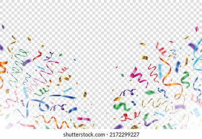 Vector Confetti Png. Explosion Of Multi-colored Confetti, Clapperboard. Confetti, Streamer, Tinsel On A Transparent Background. Holiday, Birthday. Colorful Confetti Isolated. Festive Vector Background