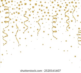 Vector confetti Png. Golden tinsel, confetti fall from the sky on a transparent background. Shiny confetti Png. Holiday, birthday, Abstract background party celebration gold confetti. Bright festive.