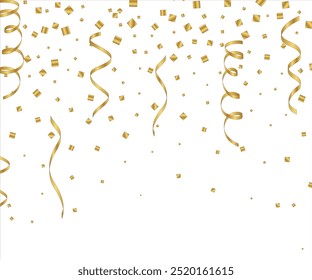 Vector confetti Png. Golden tinsel, confetti fall from the sky on a transparent background. Shiny confetti Png. Holiday, birthday, Abstract background party celebration gold confetti. Bright festive.