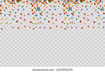 Vector confetti png. Multi-colored tinsel, confetti fall from the sky on a transparent background. Multicolored confetti png. Holiday, birthday.