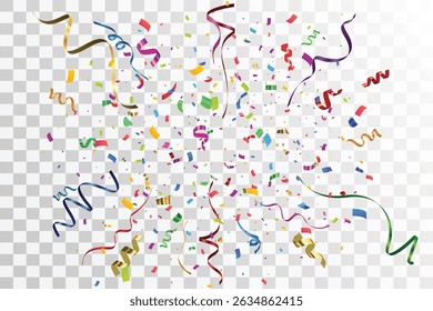 Vector confetti png. Multi-colored tinsel, confetti fall from the sky on a transparent background. Multicolored confetti png. holiday, birthday.
