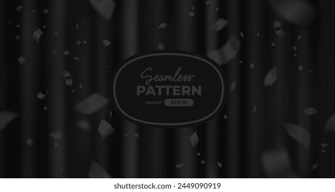 Vector confetti seamless pattern. Black color confetti falls from above. Black curtain background. Shiny confetti isolated. Ribbons. Defocused elements. Party, birthday, Holiday banner template.