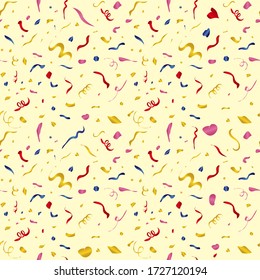 Vector confetti seamless pattern. Colorful shapes on a yellow background