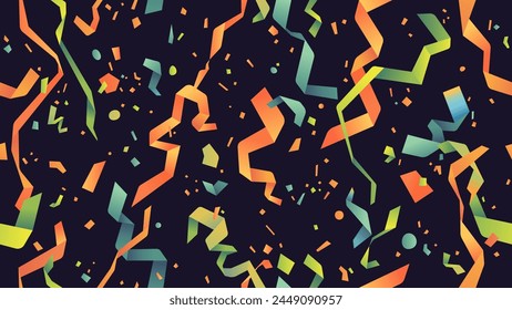 Vector confetti seamless pattern. Colorful confetti falls from above. Black background. Shiny confetti isolated. Ribbons. Defocused elements. Party, birthday, Holiday banner template.