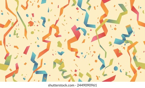 motif  Image vectorielle confetti harmonieux. Des confettis colorés tombent du ciel. Arrière-plan jaune rétro. Confetti brillant isolé. Rubans.  éléments déconcentrés. Fête, anniversaire, template d'bannière de Fêtes.