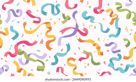 Vector confetti seamless pattern. Colorful confetti falls from above. White background. Shiny confetti isolated. Ribbons. Defocused elements. Party, birthday, Holiday banner template.