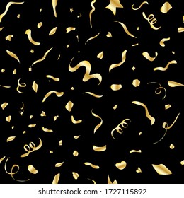 Vector confetti seamless pattern. Golden shapes on a black background