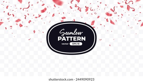 Vector confetti seamless pattern. Red color confetti falls from above. Transparent background. Shiny confetti isolated. Ribbons. Defocused elements. Party, birthday, Holiday banner template.