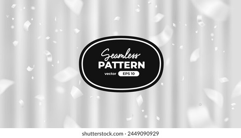 Vector confetti seamless pattern. White color confetti falls from above. Black curtain background. Shiny confetti isolated. Ribbons. Defocused elements. Party, birthday, Holiday banner template.