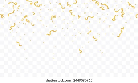 Vector confetti seamless pattern. Yellow color confetti falls from above. Transparent background. Shiny confetti isolated. Ribbons. Defocused elements. Party, birthday, Holiday banner template.