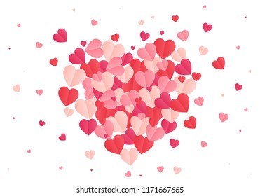 Vector confetti splash in the shape of a heart. Valentines Day background congratulation card. Heart shape of a lot of small hearts on a white background.
