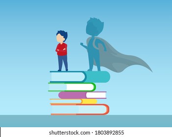 Vector Of A Confident Boy Standing On A Pile Of Books With Super Hero Shadow Of Himself