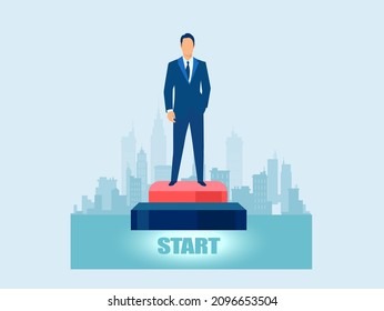 Vector of a confident business man standing on a pedestal on a city background 