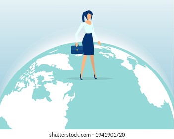 Vector Of A Confident Business Woman Walking Over World Globe 