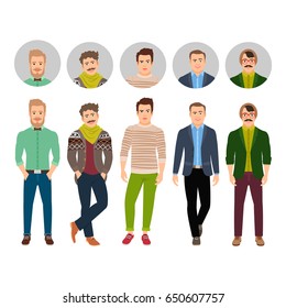 Vector confident fashion man in casual clothes isolated on white background with face avatar icons set