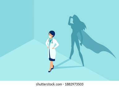 Vector of a confident female nurse or doctor with a super hero shadow on the wall.