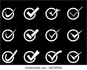 Vector confirm icons set. Yes icon. Check Mark icon. Black Background