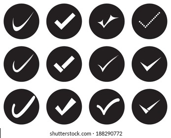 Vector confirm icons set. Yes icon. Check Mark icon. Black Background