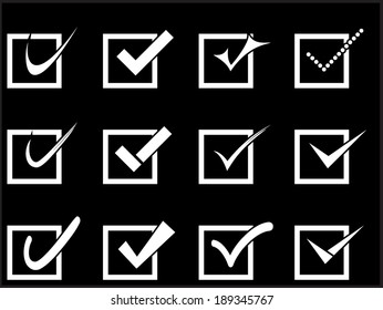 Vector confirm icons set. Yes icon. Check Mark icon. Black Background