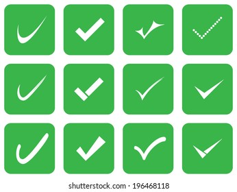 Vector confirm icons set. Yes icon. Check Mark icon. Green Background