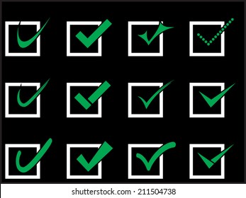 Vector confirm icons set. Yes icon. Check Mark icon. Black Background