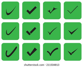 Vector confirm icons set. Yes icon. Check Mark icon. Green Background