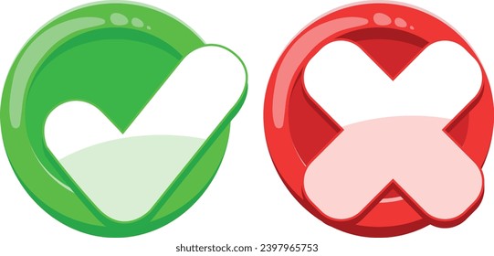 Vector confirmation button "yes" or check mark, as well as "no" or cross. Red and green beautiful icons for voting and approval or prohibition.