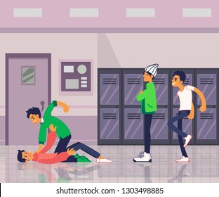 Vector Conflict And Violence In School With Young Man With Angry Facial Expression Kicking Another One In Glasses While Hes Down, Another Teens Watching On Background Of Lokers, Classes Doors